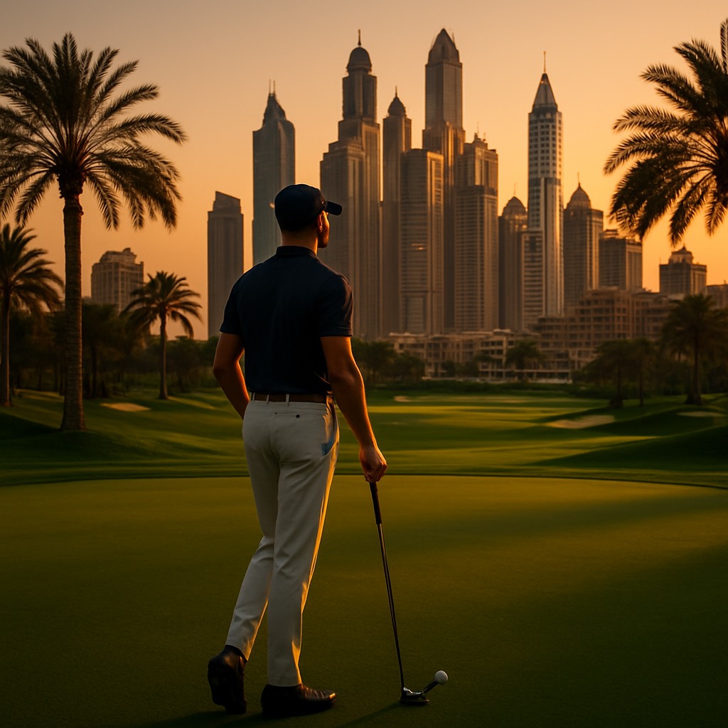 Golfplatz in Dubai mit Skyline im Hintergrund bei goldenem Abendlicht